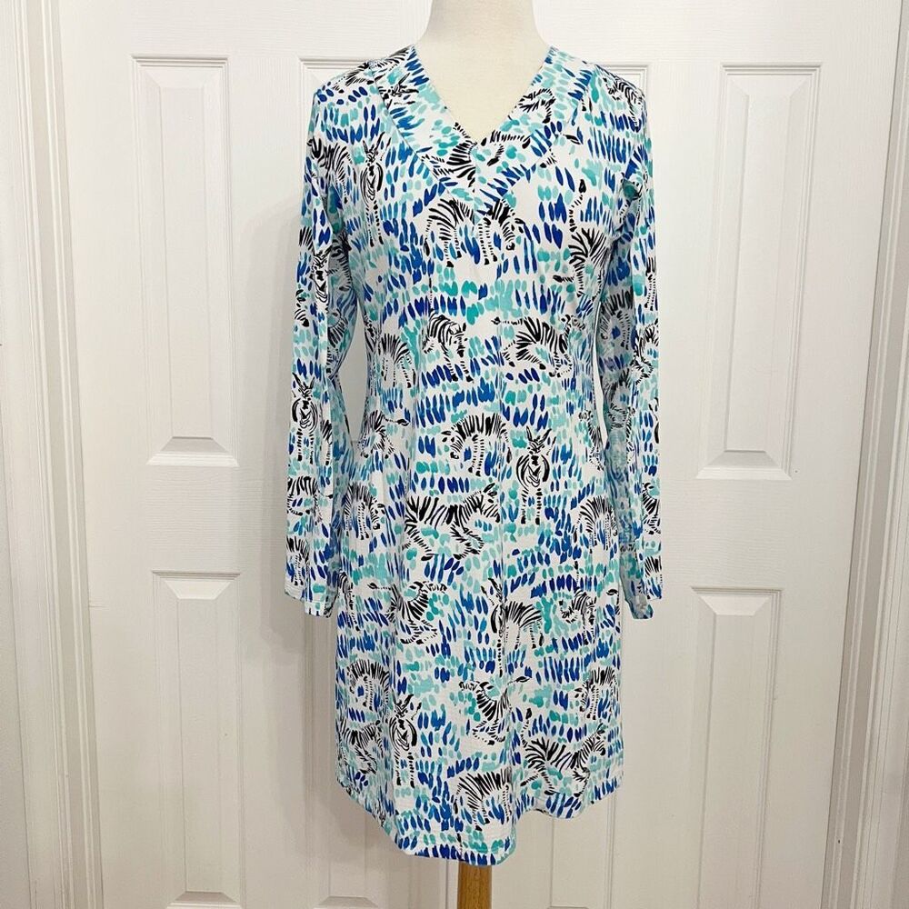 Ibkul Zebra‎ Blue Mesh V-Neck Pull Over Long Sleeve Dress